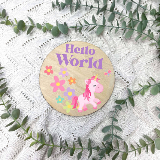 Hello World sign, baby announcement disc, little pony nursery, ponies nursery, girls gift