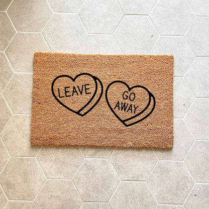 Leave heart, go away heart doormat, cutesy doormat, custom doormat, personalised doormat