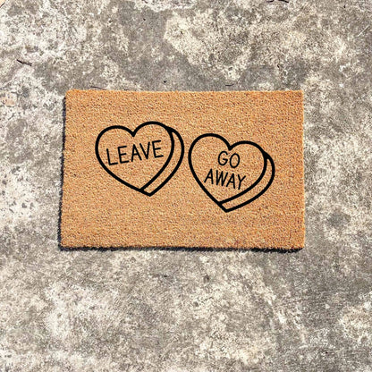 Leave heart, go away heart doormat, cutesy doormat, custom doormat, personalised doormat