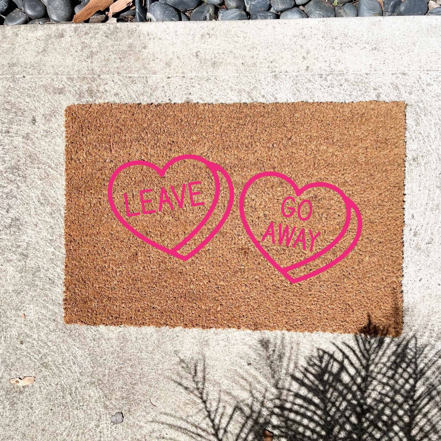 Pink Leave heart, go away heart doormat, cutesy doormat, custom doormat, personalised doormat