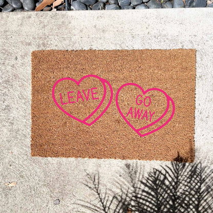 Pink Leave heart, go away heart doormat, cutesy doormat, custom doormat, personalised doormat