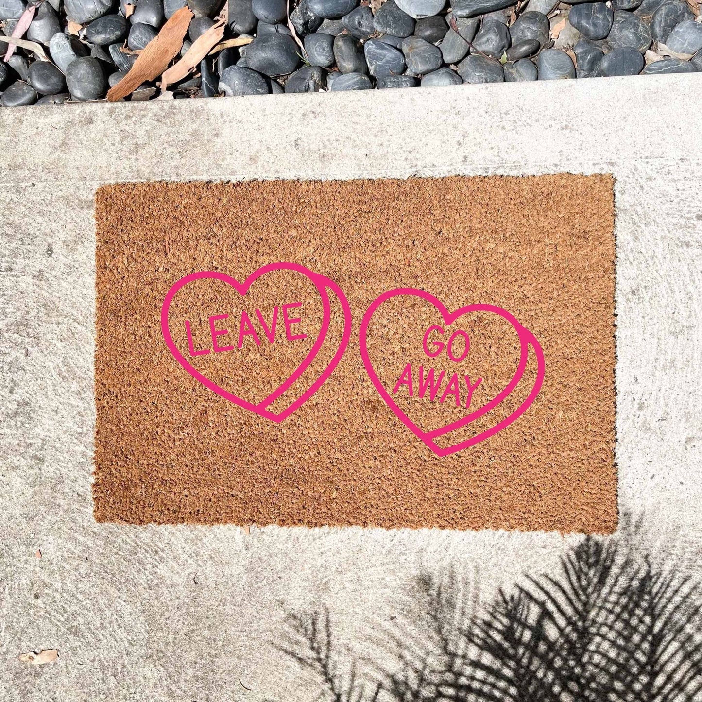 Pink Leave heart, go away heart doormat, cutesy doormat, custom doormat, personalised doormat