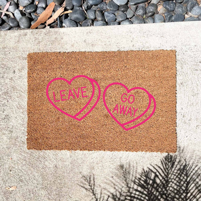 Pink Leave heart, go away heart doormat, cutesy doormat, custom doormat, personalised doormat