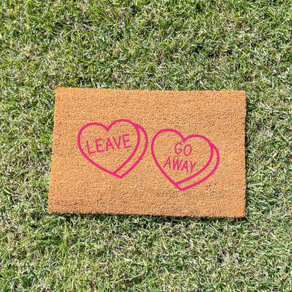 Pink Leave heart, go away heart doormat, cutesy doormat, custom doormat, personalised doormat