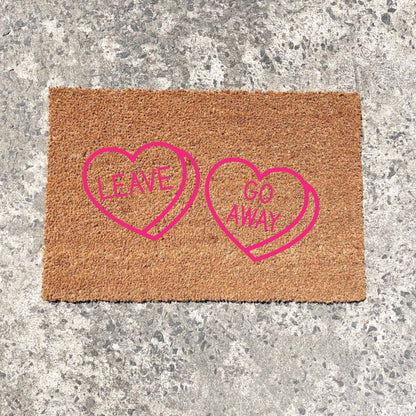 Pink Leave heart, go away heart doormat, cutesy doormat, custom doormat, personalised doormat