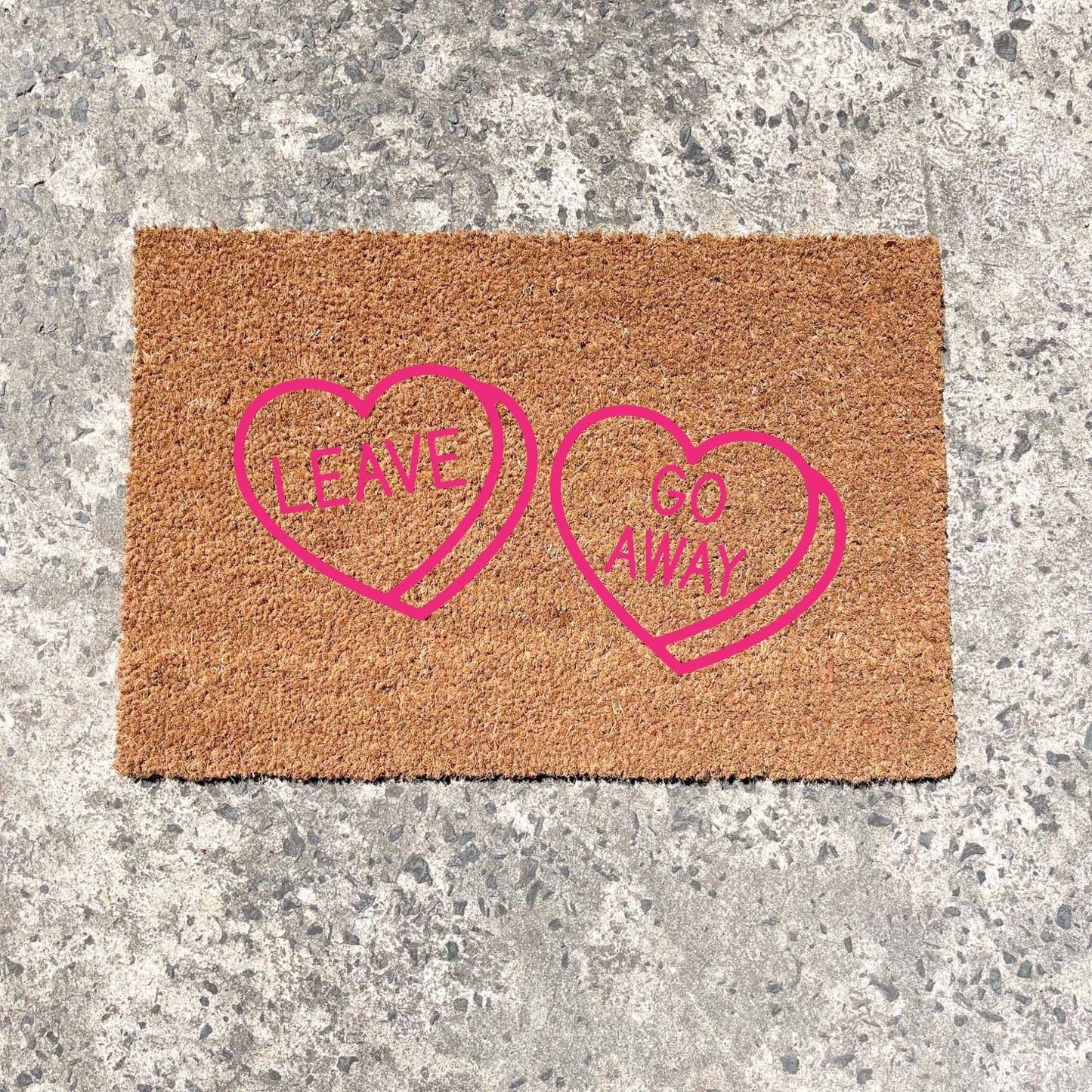 Pink Leave heart, go away heart doormat, cutesy doormat, custom doormat, personalised doormat