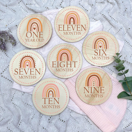 Boho Rainbows milestone cards, baby milestone discs, boho nursery, aesthetic nursery, beige nursery