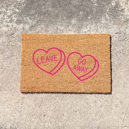 Pink Leave heart, go away heart doormat, cutesy doormat, custom doormat, personalised doormat