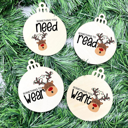 Something you want, wear, need, read bauble set, christmas gift tag set, present gift tag, something to read