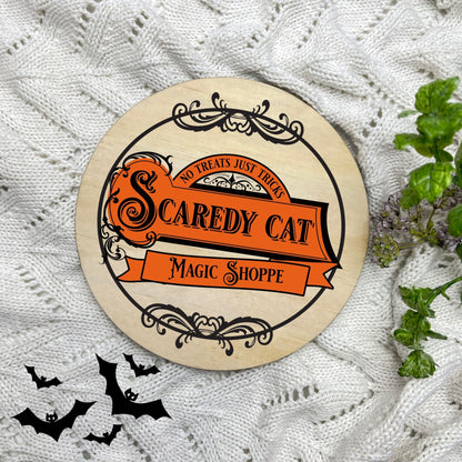 Scaredy Cat Magic Shop sign, Halloween Decor, Spooky Vibes, hocus pocus sign, trick or treat decor, haunted house h46