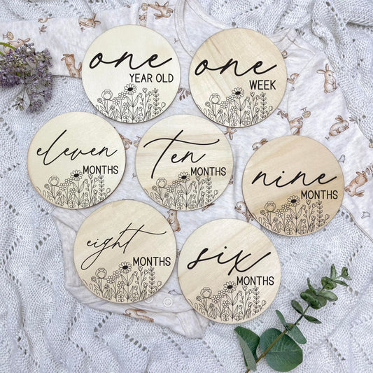 floral milestone cards, baby milestone discs, boho nursery, aesthetic nursery, beige nursery