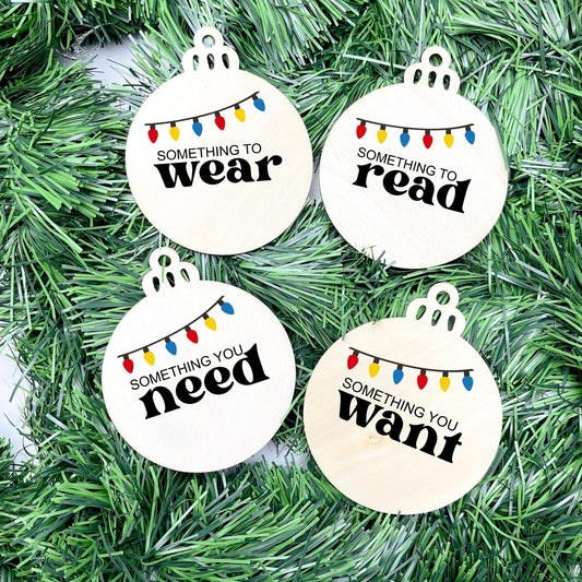 Something you want, wear, need, read bauble set, christmas gift tag set, present gift tag, something to read