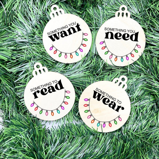 Something you want, wear, need, read bauble set, christmas gift tag set, present gift tag, something to read