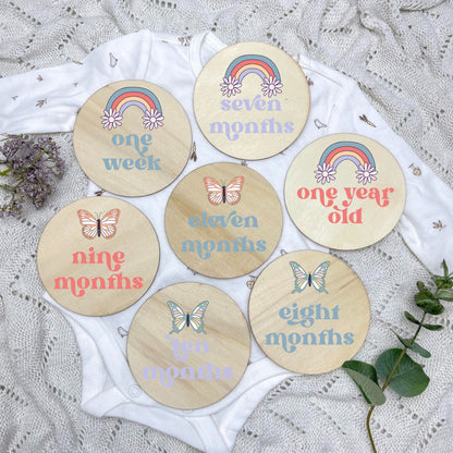 Rainbows Newborn milestone cards, baby milestone discs, boho nursery, aesthetic nursery, beige nursery