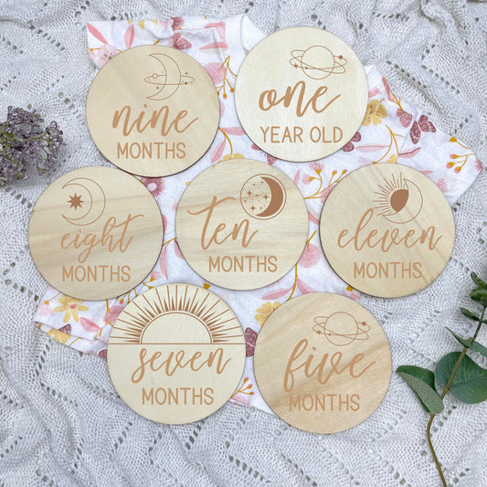 Celestial milestone cards, baby milestone discs, boho nursery, aesthetic nursery, beige nursery