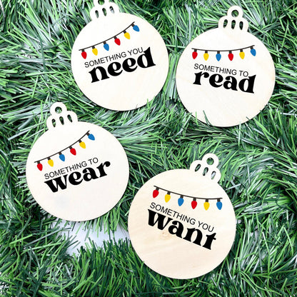 Something you want, wear, need, read bauble set, christmas gift tag set, present gift tag, something to read