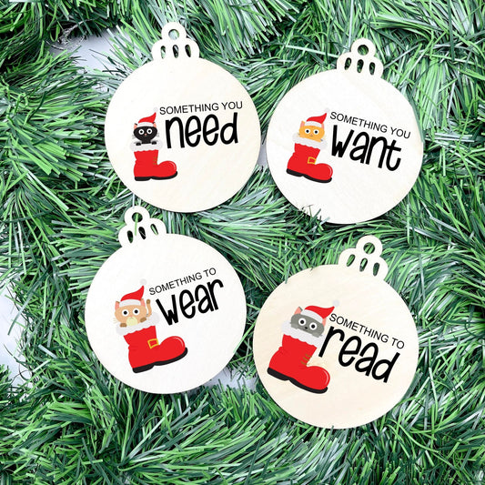 Something you want, wear, need, read bauble set, christmas gift tag set, present gift tag, something to read