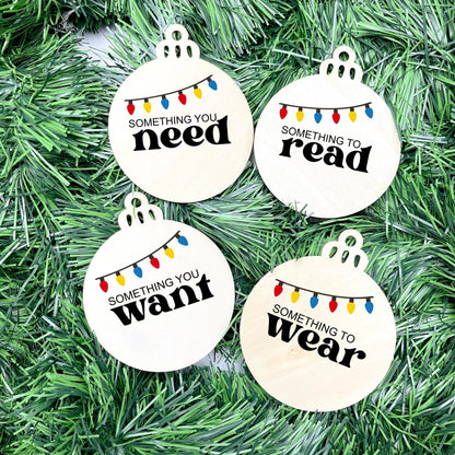 Something you want, wear, need, read bauble set, christmas gift tag set, present gift tag, something to read