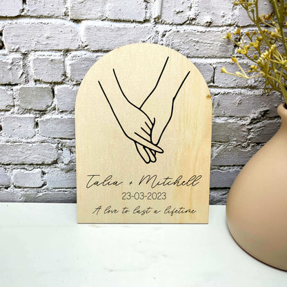 Couple holding hands, personalised sign, personalised wedding gift, engagement gift, anniversary gift