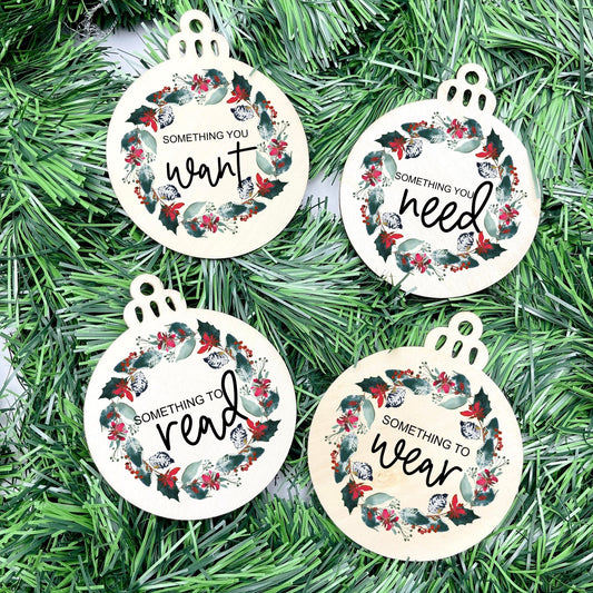 Something you want, wear, need, read bauble set, christmas gift tag set, present gift tag, something to read