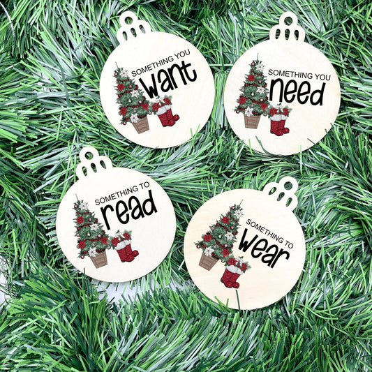Something you want, wear, need, read bauble set, christmas gift tag set, present gift tag, something to read