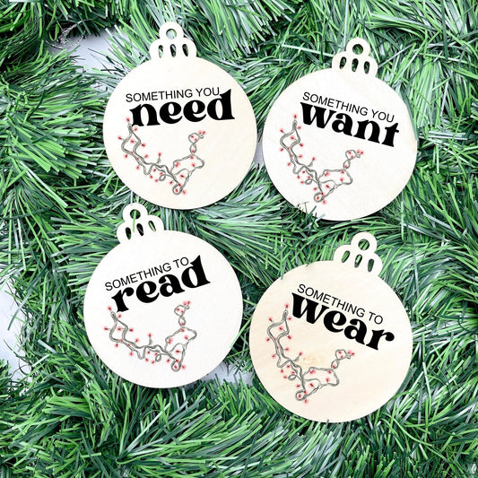 Something you want, wear, need, read bauble set, christmas gift tag set, present gift tag, something to read
