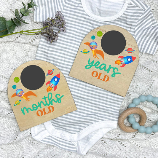 Dinosaurs in Space Reusable milestone cards, fill in your own milestone card, baby shower gift, weeks old, months old, milestone cards