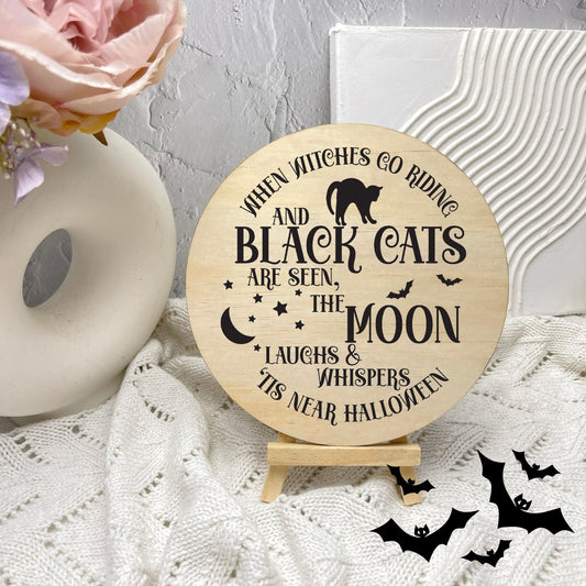 Black cat on the moon sign, Halloween Decor, Spooky Vibes, hocus pocus sign, trick or treat decor, haunted house h60