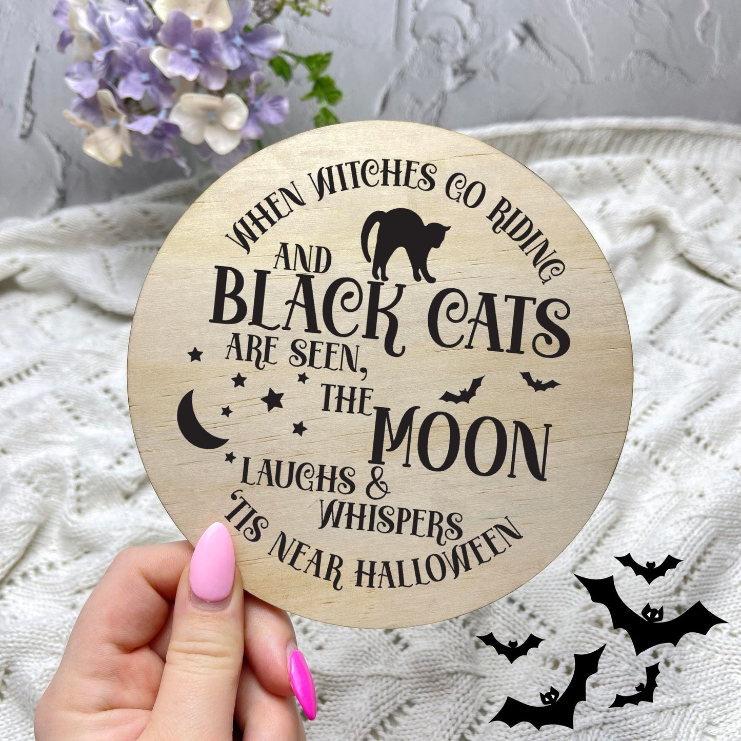 Black cat on the moon sign, Halloween Decor, Spooky Vibes, hocus pocus sign, trick or treat decor, haunted house h60