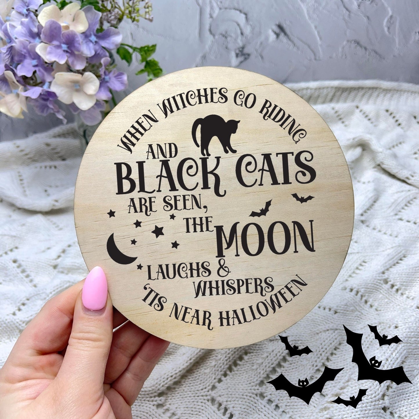 Black cat on the moon sign, Halloween Decor, Spooky Vibes, hocus pocus sign, trick or treat decor, haunted house h60