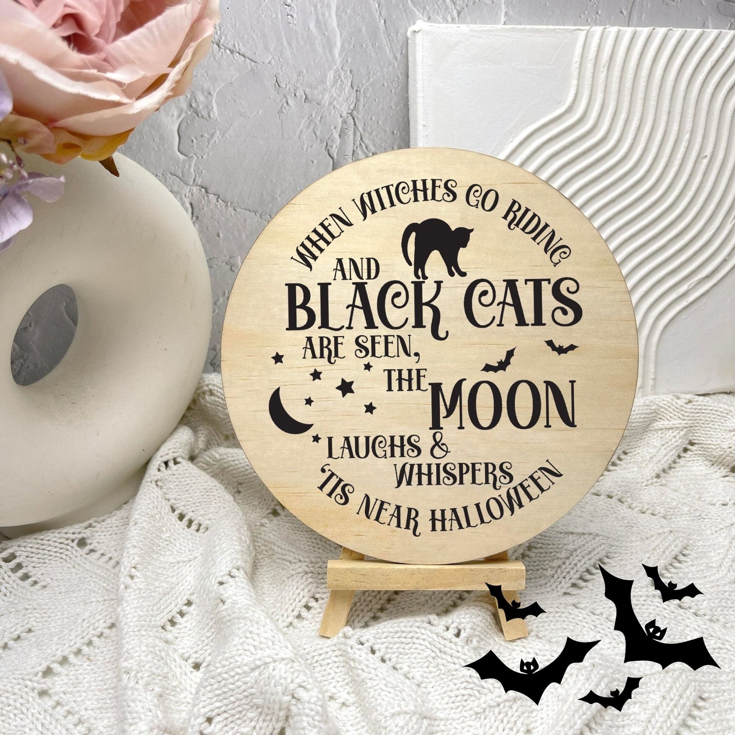 Black cat on the moon sign, Halloween Decor, Spooky Vibes, hocus pocus sign, trick or treat decor, haunted house h60