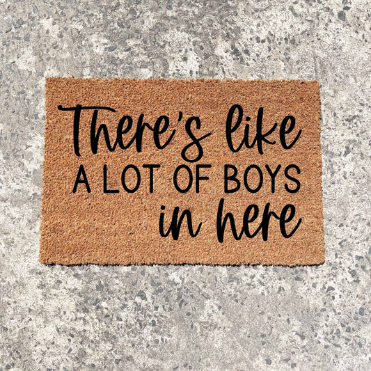Lots of boys in here doormat, funny doormat, custom doormat, personalised doormat