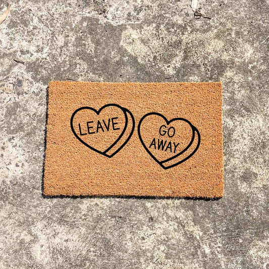 Leave heart, go away heart doormat, cutesy doormat, custom doormat, personalised doormat