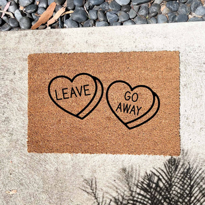 Leave heart, go away heart doormat, cutesy doormat, custom doormat, personalised doormat