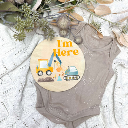 Construction newborn milestone discs, baby milestones, Construction nursery, crane theme, digger