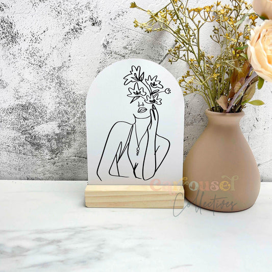 Floral woman line art sign, line art decor, home decor, decorative art sign