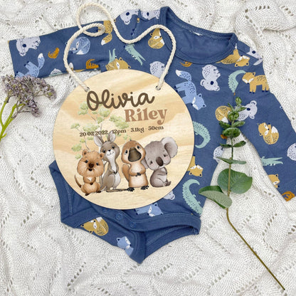 Baby birth stats sign, baby announcement disc, Aussie Animals, koala, kangaroo, kookaburra