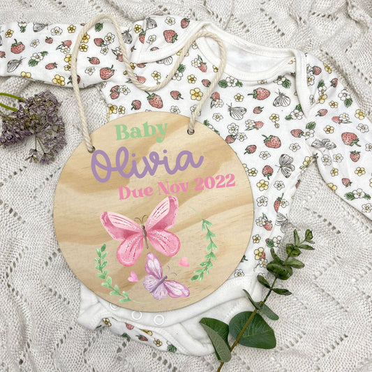 Pregnancy announcement disc, baby arrival sign, Butterflies, girl nursery, butterfly theme