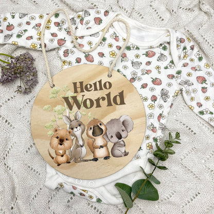 Hello World sign, baby announcement disc, Aussie Animals, koala, kangaroo, kookaburra