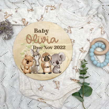 Pregnancy announcement disc, baby arrival sign, Aussie Animals, koala, kangaroo, kookaburra