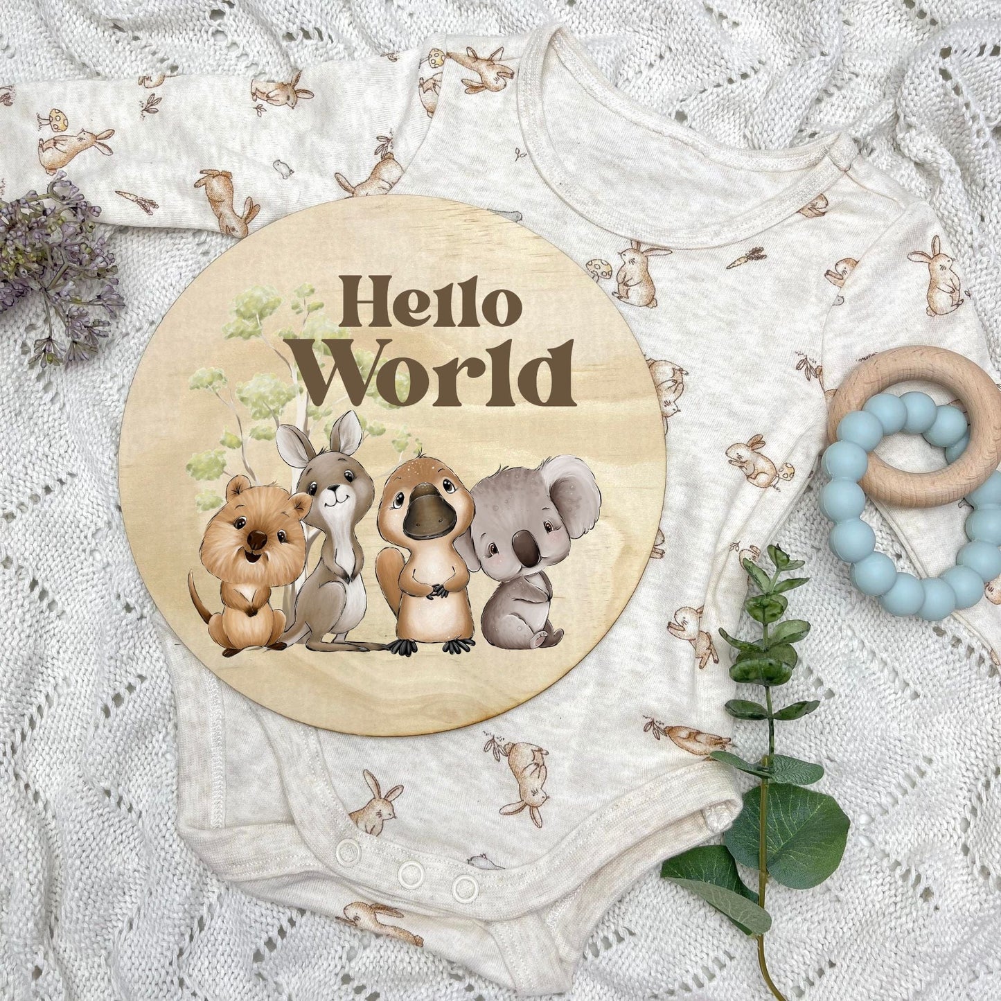 Hello World sign, baby announcement disc, Aussie Animals, koala, kangaroo, kookaburra