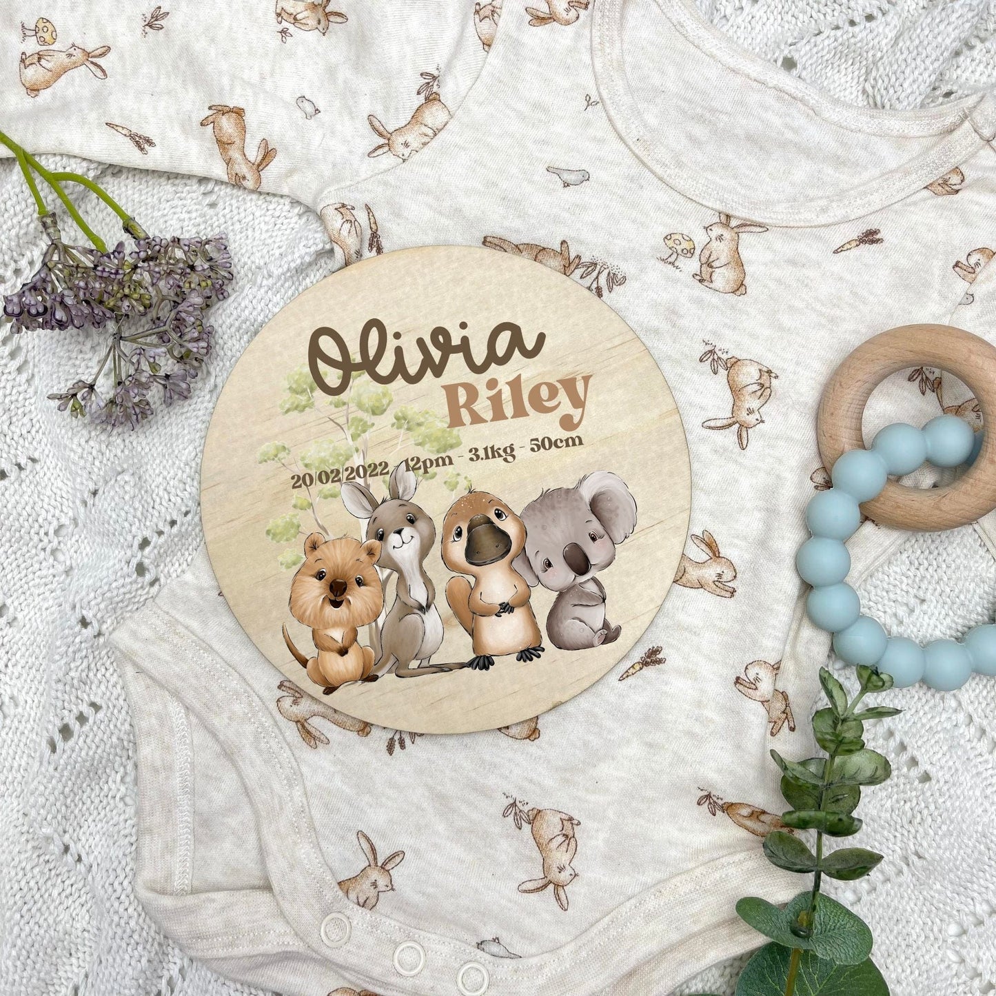 Baby birth stats sign, baby announcement disc, Aussie Animals, koala, kangaroo, kookaburra