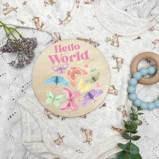 Hello World sign, baby announcement disc, Butterflies, girl nursery, butterfly theme