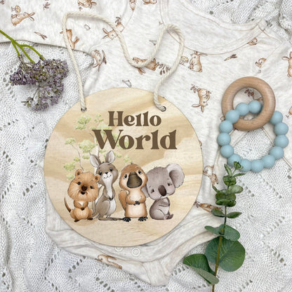 Hello World sign, baby announcement disc, Aussie Animals, koala, kangaroo, kookaburra