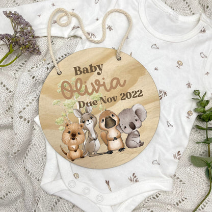 Pregnancy announcement disc, baby arrival sign, Aussie Animals, koala, kangaroo, kookaburra