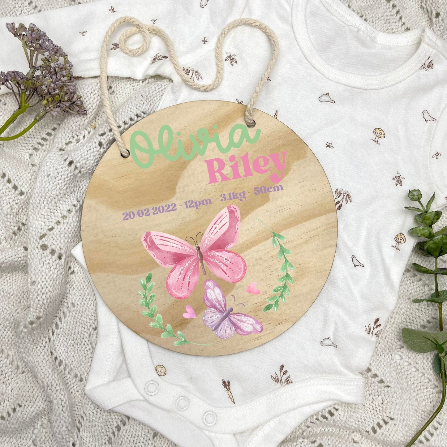 Baby birth stats sign, baby announcement disc, Butterflies, girl nursery, butterfly theme