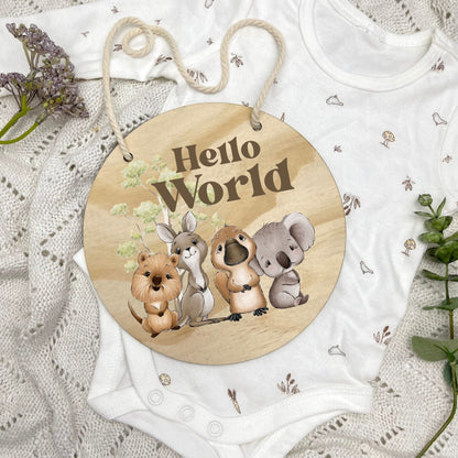 Hello World sign, baby announcement disc, Aussie Animals, koala, kangaroo, kookaburra