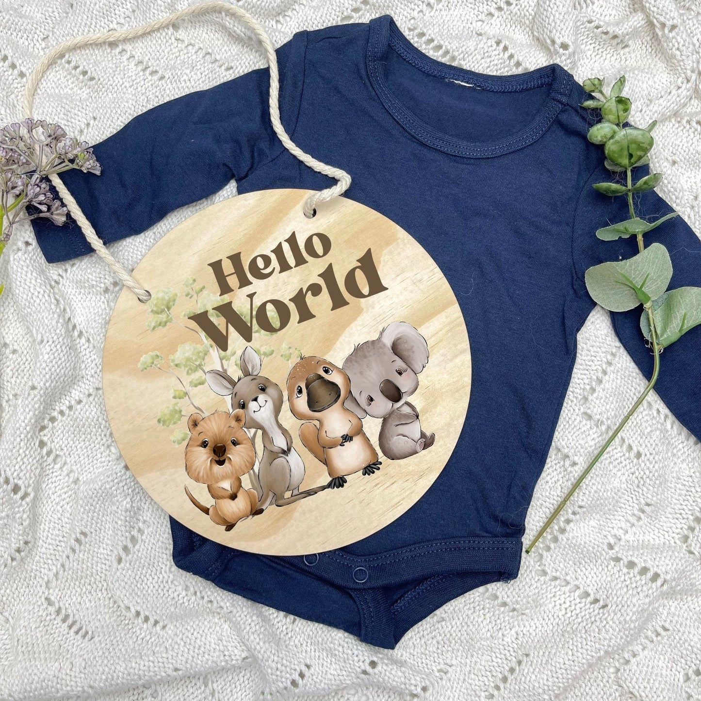 Hello World sign, baby announcement disc, Aussie Animals, koala, kangaroo, kookaburra