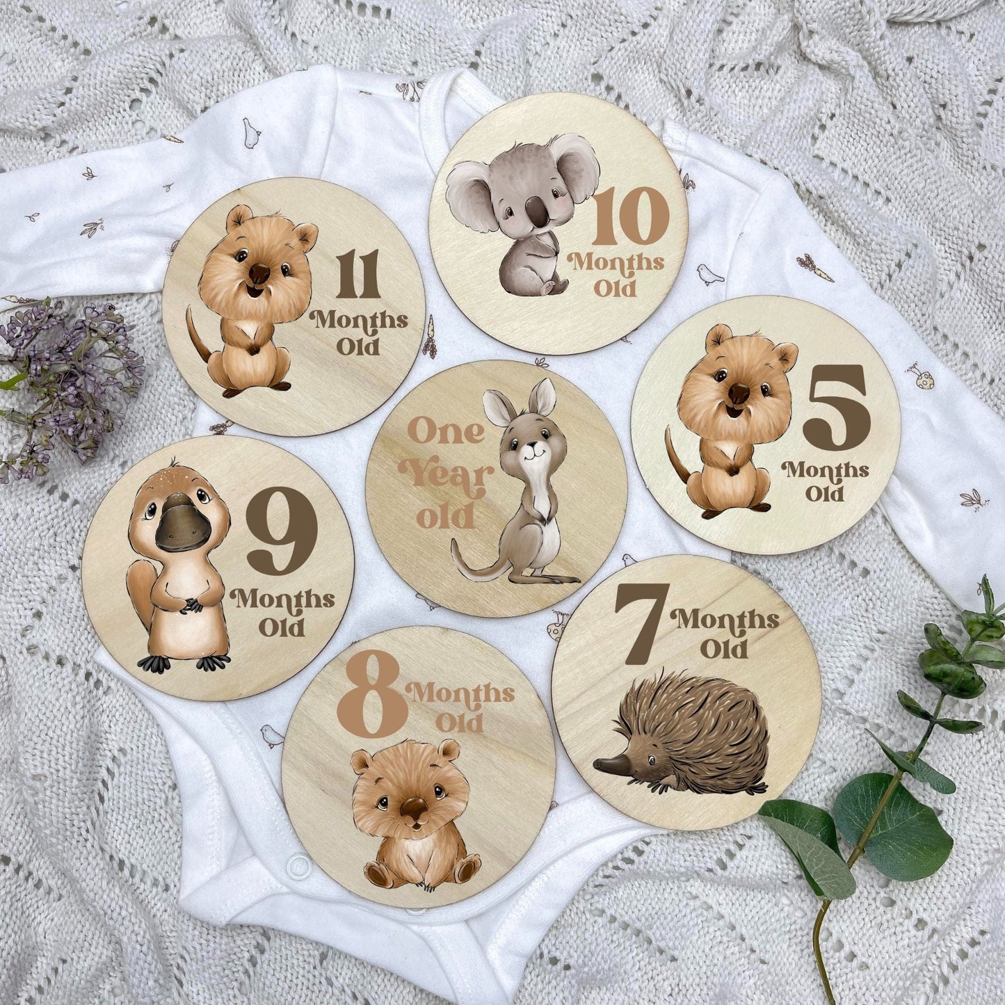 Aussie Animals newborn milestone discs, baby milestones, Aussie Animals, koala, kangaroo, kookaburra