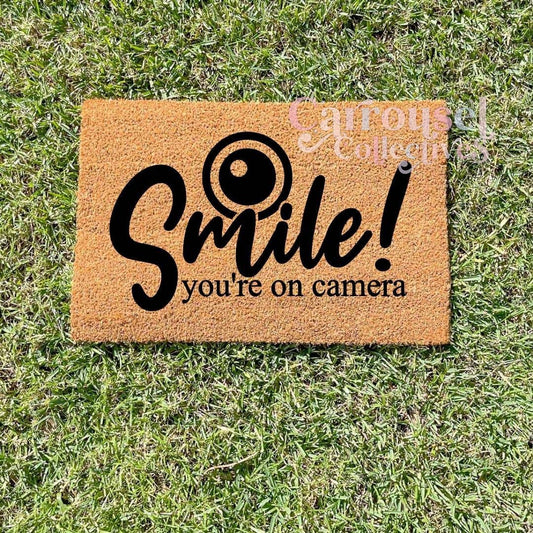 Smile, you're on camera doormat, custom doormat, personalised doormat, door mat